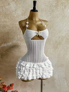 Soleia New Knitted Halter Neck Tie Strap Multi-Layer Ruffle Hem Mini Dress, Suitable For Party, Date, Valentine's Day, Easter, Carnival, Afternoon Tea, Beach, Cruise, City Vacation, Autumn/Winter Layering,Party - Beige - View 4