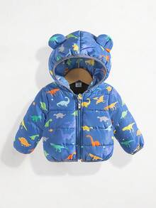SHEIN 1 件男婴休闲可爱恐龙印花加厚连帽棉衣，适合上学、派对、运动、户外、秋冬季、幼儿拉链连帽衫、婴儿夹克、婴儿外套，6 个月-3 岁 - 藍色 - 查看 1