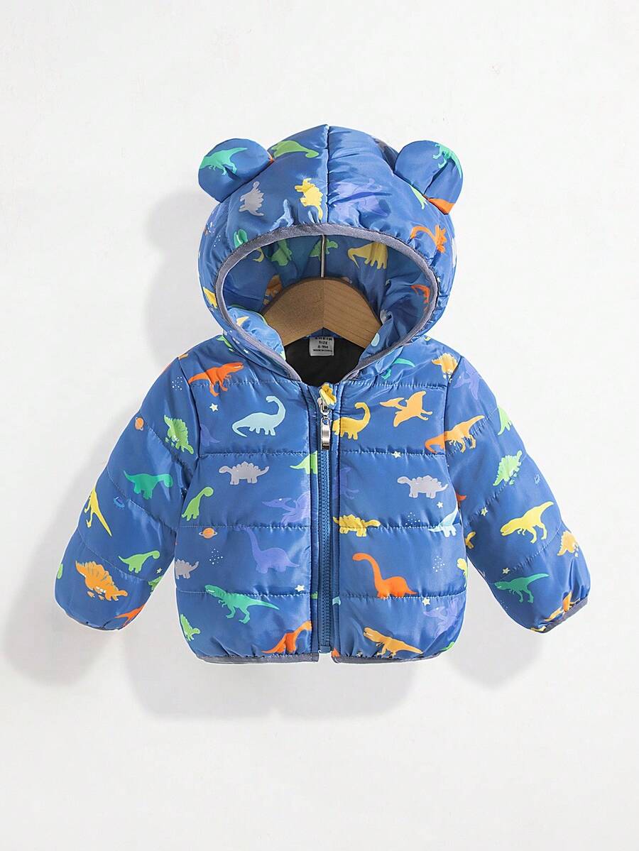 SHEIN 1 件男婴休闲可爱恐龙印花加厚连帽棉衣，适合上学、派对、运动、户外、秋冬季、幼儿拉链连帽衫、婴儿夹克、婴儿外套，6 个月-3 岁 - 藍色 - 查看 1