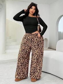 Solflare Quần ống rộng mềm mại, cạp chun co giãn họa tiết da báo Plus Siez dành cho nữ, Thu/Đông, Thu, Thường ngày, Thoải mái, Mềm mại, Ấm áp - Nhiều màu - Xem 3