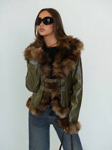 SHEIN ICON 女式秋冬保暖性感辣妹都市现代时尚前卫简约个性酷炫复古千禧风格 Y2K 拼接皮草大翻领修身绿蜡皮人造皮草大衣，秋季 - 綠色 - 查看 6