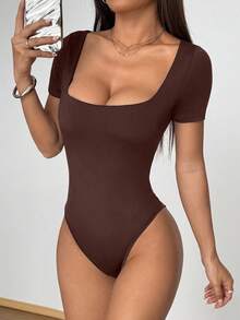 Fiercella Fiercella Women's Solid Color Slim Fit Minimalist Square Neck Short Sleeve Bodysuit, Versatile For Daily Commute - Brown - View 4