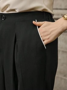 SHEIN LUNE Plus Size Women's Straight Leg Pants, Slimming, High Waist, Casual, Versatile - Black - View 7