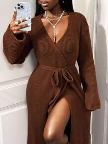 BamGleam 女士毛衣连衣裙开衫针织长袖黄色流苏吊带宽松开衩度假旅行派对女装春秋款冬夏款 - 卡其色 - 查看 6