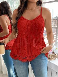 Reflora 大码优雅纯色蕾丝吊带背心 - 紅色 - 查看 2