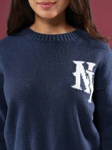 Áo len dệt kim màu xanh hải quân SUMWON với logo NY màu trắng, tay dài, cổ tròn, thích hợp cho mùa thu đông và đi nghỉ mát. - Xanh đậm - Xem 4