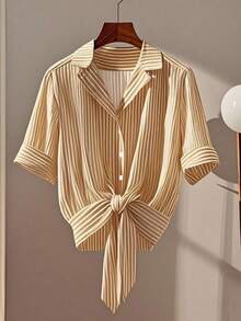Franclia Fashionable Casual Everyday Versatile Hem Tie Bow Yellow Striped Waist Cinched Waist Slim Women's Shirt Women's Summer New Clothing
