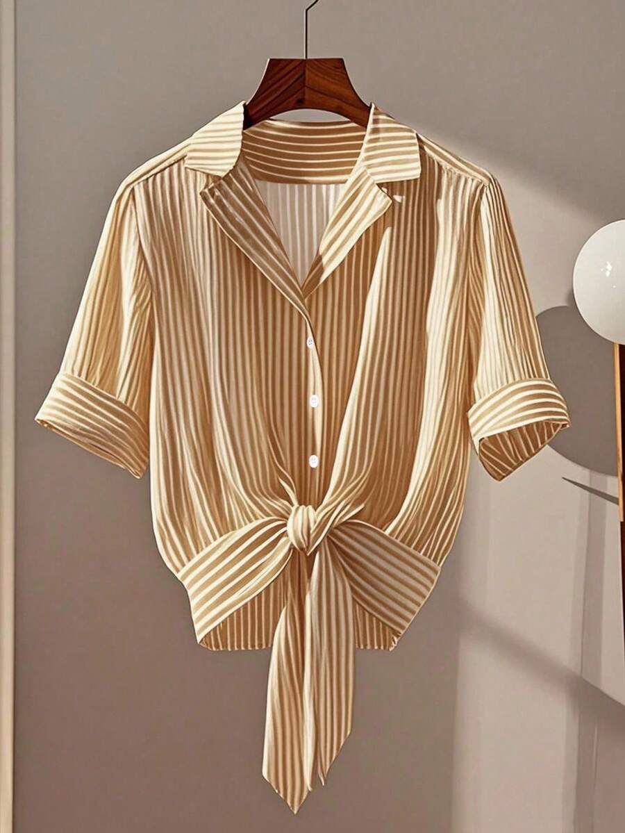 Franclia Fashionable Casual Everyday Versatile Hem Tie Bow Yellow Striped Waist Cinched Waist Slim Women's Shirt Women's Summer New Clothing