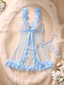 两件套优雅性感3D立体花卉薄纱拼接可爱迷人女士性感睡裙 - 淺藍色 - 查看 3