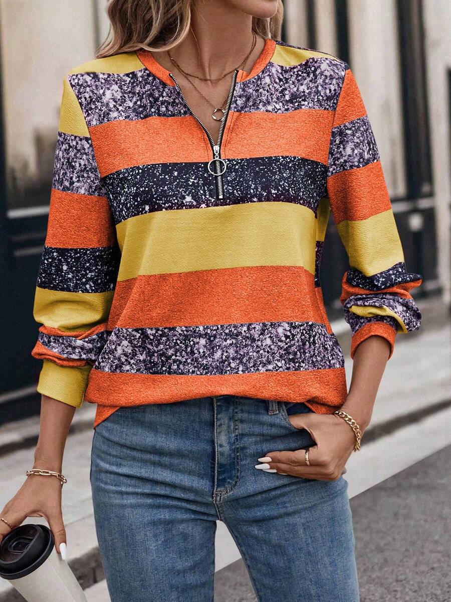 EMERY ROSE Sweat-shirt-shirt à demi-zip et manches longues avec blocs de couleurs pour femmes