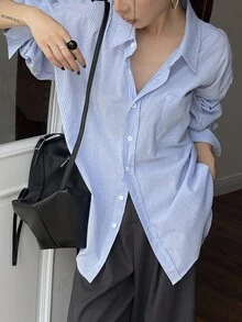 DAZY Áo sơ mi nữ dáng rộng kẻ sọc thường ngày đi học tay dài - trắng - Xem 6