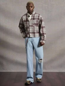 Manfinity Roghcode Men's Plaid Long Sleeve Denim Jacket & Distressed Jeans Set,Light Blue,Autumn,Streetwear,City Break,Back-To-School Single-Breasted Loose Wide Leg Suit - Multicolor - View 3