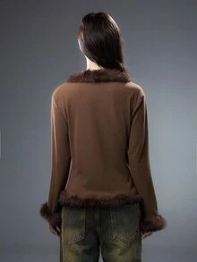 Bloopia Maillard 破洞别致女士磨边修身长袖开衫，秋冬，万圣节 - 棕色 - 查看 2