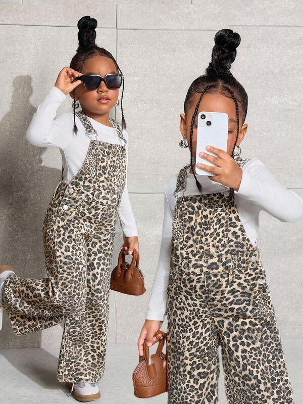 SHEIN Young Girls' Y2K Fashionable Leopard Print Denim Overalls,Fall Kid's  Casual And Comfortable  Wear,2000s Style,Back To School Clothes,Winter Clothes, Toddler Girl Leopard Overalls