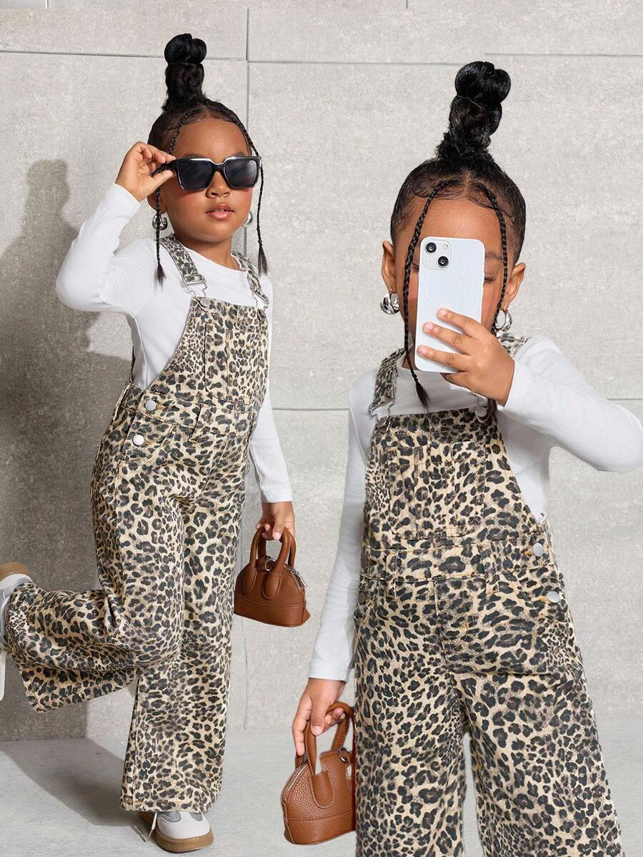 SHEIN Young Girls' Y2K Fashionable Leopard Print Denim Overalls,Fall Kid's  Casual And Comfortable  Wear,2000s Style,Back To School Clothes,Winter Clothes, Toddler Girl Leopard Overalls - Khaki - View 1