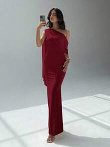 Aloruh Asymmetric Neckline Minimalist Solid Color Fitted Dress For Women,Prom Dress,Fall Wedding Guest Dress,Wedding Guest Dress Women