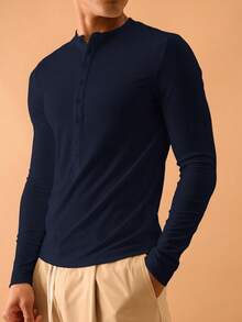 Musero Men Button Placket Long Sleeve Rib Top Summer Streetstyle Vacation Casual - Navy Blue - View 2