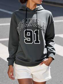 StreetHx Letter Graphic Drop Shoulder Drawstring Hoodie,Long Sleeve Tops Pullover Fall Outfit - Dark Grey - View 3