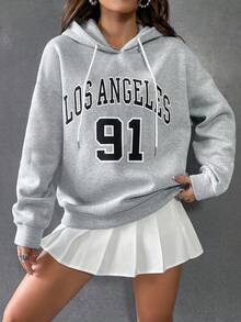 SHEIN Unity 字母图案落肩抽绳连帽衫，毕业季、教师节、返校季套头衫，秋季款 - 淺灰色 - 查看 3