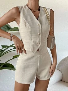 Chiquease Solid Button Front Vest Blazer & Shorts - Apricot - View 6