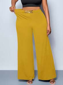 SOLERSUN Celana Panjang Wanita Ukuran Besar Warna Kuning Mustard Polos dengan Detail Sabuk, Potongan Lebar, Celana Kerja Kasual Cerdas Musim Panas, Pesta, Konser, Festival Musik Musim Gugur - Mustard Yellow - View 2