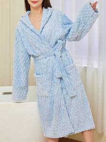SHEIN 1件珊瑚绒连帽浴袍，3D玳瑁纹理，柔软舒适吸水家居服浴袍 - 彩色 - 查看 10