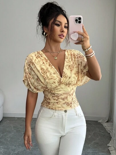Elenzga Women's Floral Print Bat Sleeve Pleated Waist Sexy Fashion Blouse