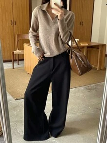 Livesso Women's Loose Business Casual Solid Color Knit Patchwork Long Sleeve T-Shirt, Suitable For Office Wear In Autumn - Khaki - View 5