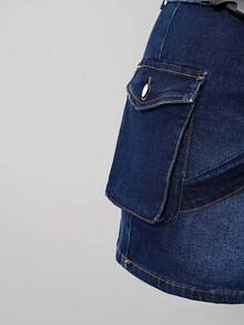 Sunspun Plus Size Women Cowgirl, Elastic Backpack Buckle Strap Sexy Mini Denim Skirt, Autumn - Dark Wash - View 4