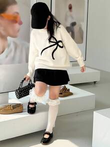 Dazy Kids Suéter de manga larga con cuello redondo y decoración de lazo para niñas, otoño - Beis - Ver 7