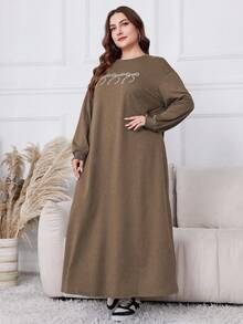 Lacomfia 大码纯色圆领长袖蝴蝶印花中长连衣裙 - 卡其色 - 查看 4