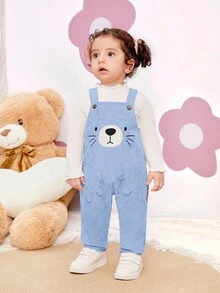 SHEIN Newborn Baby Girl Cute Versatile Corduroy Cartoon Pattern Bib Jumpsuit, Autumn/Winter Fall - Blue - View 12