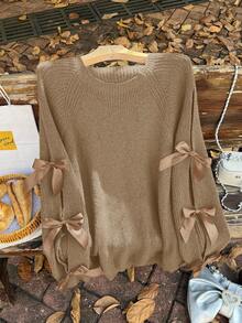 Firerie Plus Size Loose Knit Sweater With Hollow Bow Knot Decor, Plus Size Cute Fall Pullover In Beige Brown Sweater Brown Long Sleeve Top/Winter - Khaki - View 4