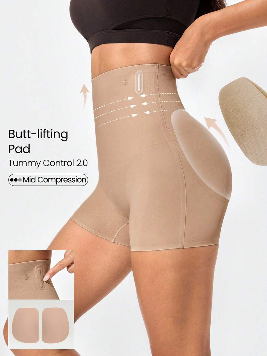 GLOWMODE 1 Pack Sweat-Wicking Tummy Control2.0 Anti-Roll Boning Removable Hip Pad Ultra High-Rise Waist Boyshorts Underwear Daily Casual - Apricot - View 1