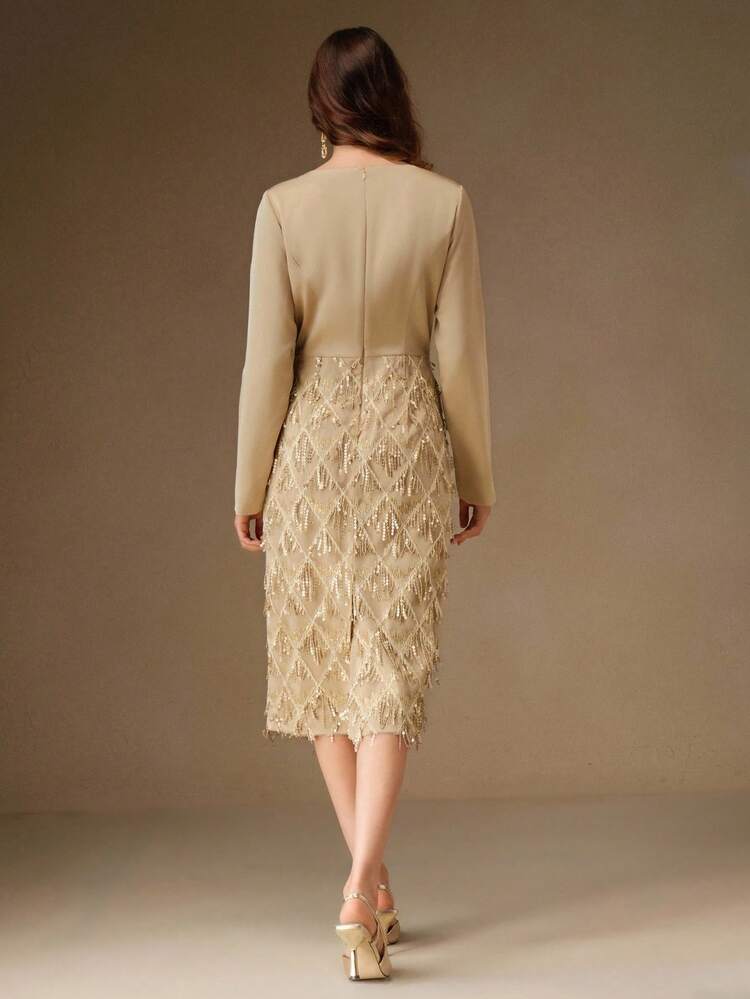 New Elegant Patchwork Fringe Fabric Women's Dress, Suitable For Fall, Autumn, Winter, Elegant, Chic, New Year, Casual, Christmas