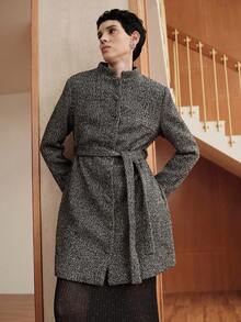 Uhlyne 英伦风秋冬小立领腰带双色厚花呢口袋大衣 - 黑與白 - 查看 3