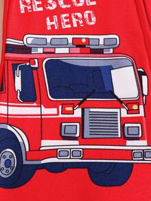 SHEIN Bộ đồ ngủ liền thân dài tay in hình xe cứu hỏa dễ thương cho bé trai, mùa xuân/hè - Đỏ - Xem 3