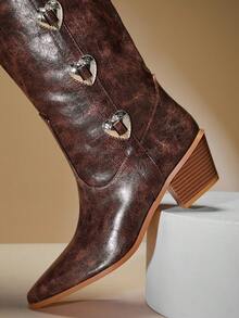 SHUZIA Cizme damă cu toc gros, înălțime medie, stil boho, stil western, sexy, casual, confortabile, vintage, PU, maro