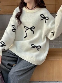 Hapijoa 青少年/女孩宽松休闲针织毛衣，带蝴蝶结，秋季甜美风格 - 杏色 - 查看 7