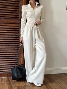 DAZY 女士翻领拉链修身外套和直筒裤两件套休闲套装，女士运动服套装，女士家居服套装 - 米色 - 查看 2