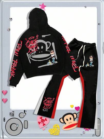 Paul Frank X ROMWE Men's Casual Letter & Monkey Print Hoodie And Pants Set, Autumn
