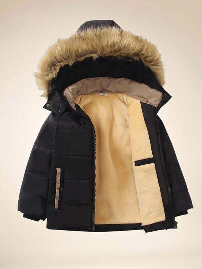 SHEIN Genkimix Kids 2pcs/Set Young Boy Thermal Lined Windproof Hooded Padded Coat, Warm Padded Coat With Pockets Young Boy Winter Coattoddler Winter Coat BoyYoung Boys Coat WinterYoung Boys Coatbaby Boy Winter Coat