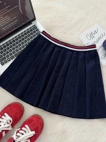 Muvela Chân váy len xếp ly lưng thun co giãn thời trang thu/đông cho nữ, phong cách retro, đồ dùng đa năng, chân váy thiết yếu cho mùa thu, phong cách cổ điển - Màu xanh hải quân - Xem 2