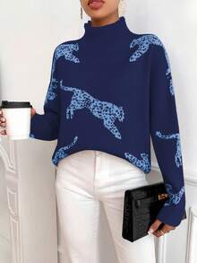 EMERY ROSE Women's Leopard Pattern Loose Fit Dropped Shoulder Long Sleeve Turtleneck Sweater, Casual For Autumn/Winter - Navy Blue - View 5