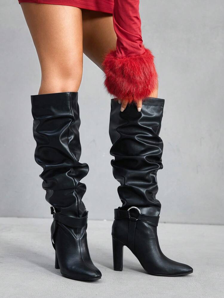 CUCCOO SZL Women's Fashion Black Chunky Heel Pleated Over-The-Knee Boots