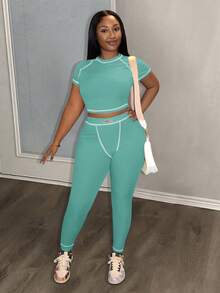 Slaydiva 2025 春夏新款休闲街头百搭运动基础修身绿色圆领短袖短款T恤和撞色腰裤女两件套，适合音乐节、复活节、西部游牧风格、乡村风格、婚礼嘉宾、日常旅行、毕业季、派对聚会、俱乐部、运动健身、瑜伽 - B - 薄荷綠 - 查看 4