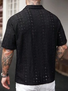 Manfinity Homme Men's Knitted Hollow Textured Black POLO Shirt Men Knitted Shirt - Black - View 2