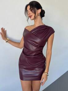 Firerie Váy ngắn bodycon PU cạp cao, vai lệch vai thanh lịch mới dành cho nữ, váy dự tiệc gợi cảm, váy PU màu đỏ tía, váy đi làm hàng ngày sang trọng dành cho nữ, trang phục xuân/thu/đông, thanh lịch, đi làm, hẹn hò, tiệc tùng, khiêu vũ tốt nghiệp, biểu diễn, trang phục công sở, trang phục phù hợp cho cuộc họp thường niên - Màu Đỏ Sâu - Xem 6