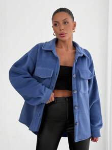 EURMUSE Flap Pocket Drop Shoulder Overcoat - Blue - View 7