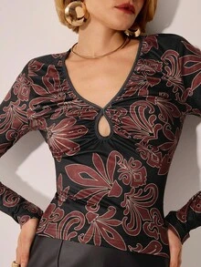CAJUNI Blusa casual elegante vintage boho con stampa marrone e dettagli traforati a maniche lunghe - Multicolore - Visualizzare 5